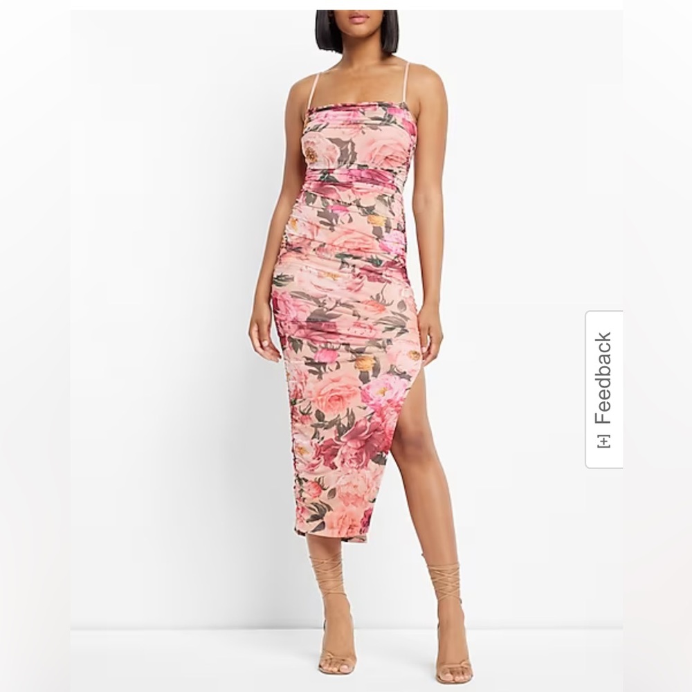 Express Floral Print Ruched Mesh Midi Dress